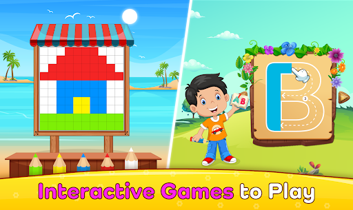 A joyful child playing on a colorful piano app, symbolizing the blend of fun and education in music games.