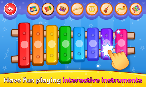 A joyful child playing on a colorful piano app, symbolizing the blend of fun and education in music games.