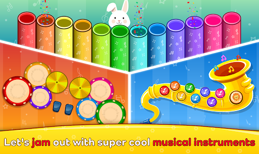 A joyful child playing on a colorful piano app, symbolizing the blend of fun and education in music games.