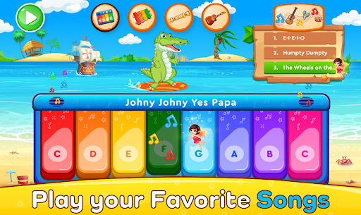 A joyful child playing on a colorful piano app, symbolizing the blend of fun and education in music games.