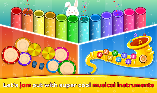 A joyful child playing on a colorful piano app, symbolizing the blend of fun and education in music games.