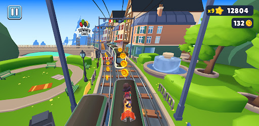 A thrilling chase through vibrant subway landscapes, capturing the excitement and adventure of the Subway Surfers game.