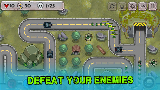 A dynamic battlefield scene from a tower defense game, showcasing intense strategy and vibrant graphics, evoking a sense of excitement and challenge.