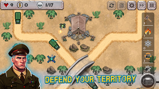 A dynamic battlefield scene from a tower defense game, showcasing intense strategy and vibrant graphics, evoking a sense of excitement and challenge.