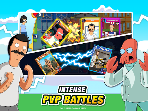 A vibrant and exciting card battle scene featuring animated characters from popular TV shows, capturing the essence of strategy and fun.