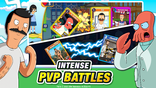 A vibrant and exciting card battle scene featuring animated characters from popular TV shows, capturing the essence of strategy and fun.