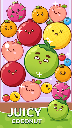 A vibrant and colorful display of various fruits merging together in a playful and visually appealing puzzle setting, symbolizing fun and strategic challenge.