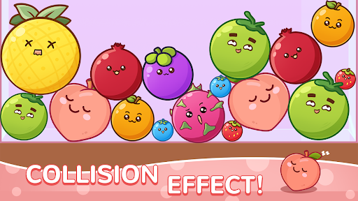 A vibrant and colorful display of various fruits merging together in a playful and visually appealing puzzle setting, symbolizing fun and strategic challenge.