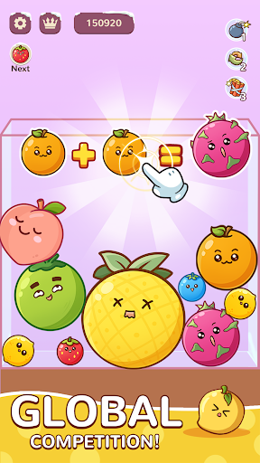 A vibrant and colorful display of various fruits merging together in a playful and visually appealing puzzle setting, symbolizing fun and strategic challenge.