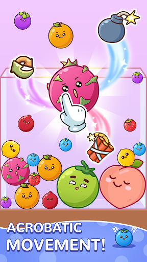 A vibrant and colorful display of various fruits merging together in a playful and visually appealing puzzle setting, symbolizing fun and strategic challenge.