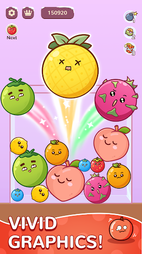 A vibrant and colorful display of various fruits merging together in a playful and visually appealing puzzle setting, symbolizing fun and strategic challenge.