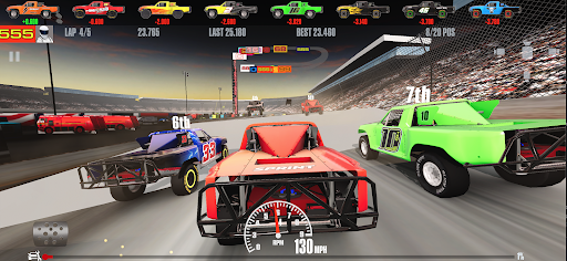 A thrilling race with stock cars speeding around a track, capturing the excitement and intensity of the competition.