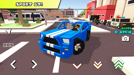 A thrilling race car speeding through a colorful blocky world, capturing the excitement and adventure of Blocky Car Racer.