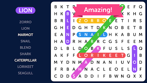 A vibrant and engaging word search puzzle on a mobile screen, evoking a sense of challenge and excitement.