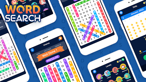 A vibrant and engaging word search puzzle on a mobile screen, evoking a sense of challenge and excitement.