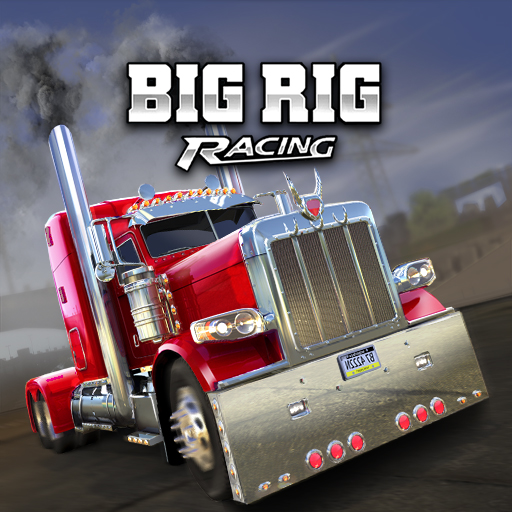 A thrilling truck race on a vibrant, dynamic racetrack, showcasing the power and excitement of Big Rig Racing.