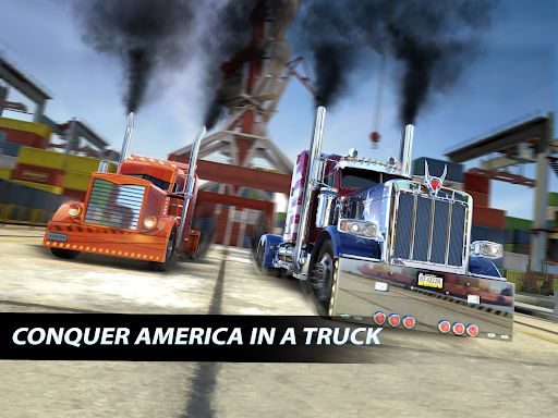 A thrilling truck race on a vibrant, dynamic racetrack, showcasing the power and excitement of Big Rig Racing.