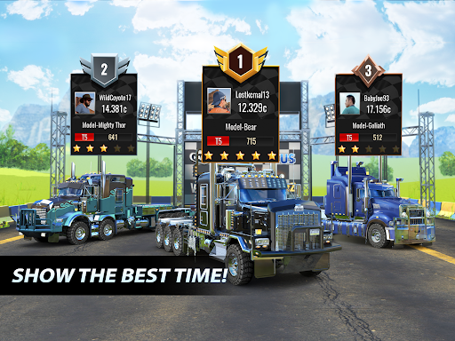 A thrilling truck race on a vibrant, dynamic racetrack, showcasing the power and excitement of Big Rig Racing.