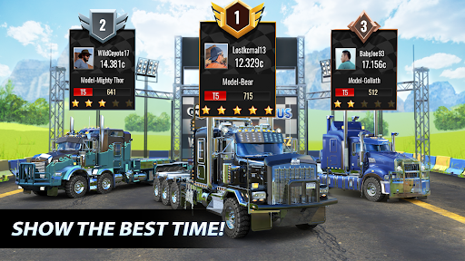 A thrilling truck race on a vibrant, dynamic racetrack, showcasing the power and excitement of Big Rig Racing.