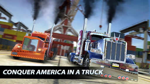 A thrilling truck race on a vibrant, dynamic racetrack, showcasing the power and excitement of Big Rig Racing.