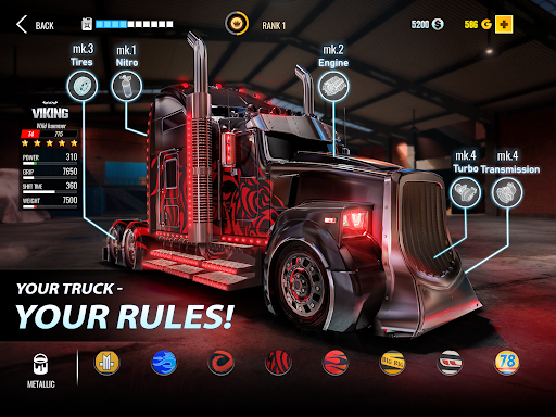 A thrilling truck race on a vibrant, dynamic racetrack, showcasing the power and excitement of Big Rig Racing.