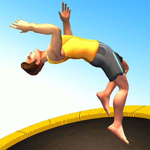 A vibrant scene of a character mid-flip on a trampoline amidst colorful obstacles, capturing the thrill and excitement of the Flip Bounce game.