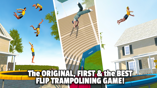 A vibrant scene of a character mid-flip on a trampoline amidst colorful obstacles, capturing the thrill and excitement of the Flip Bounce game.