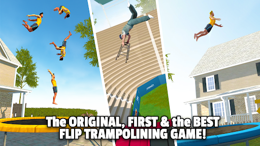 A vibrant scene of a character mid-flip on a trampoline amidst colorful obstacles, capturing the thrill and excitement of the Flip Bounce game.