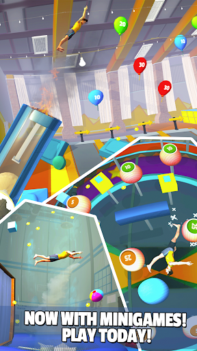 A vibrant scene of a character mid-flip on a trampoline amidst colorful obstacles, capturing the thrill and excitement of the Flip Bounce game.