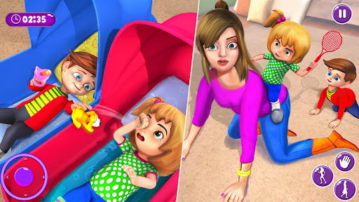 A heartwarming scene of a virtual mother caring for her playful baby twins, capturing the joys and challenges of parenting in a digital world.