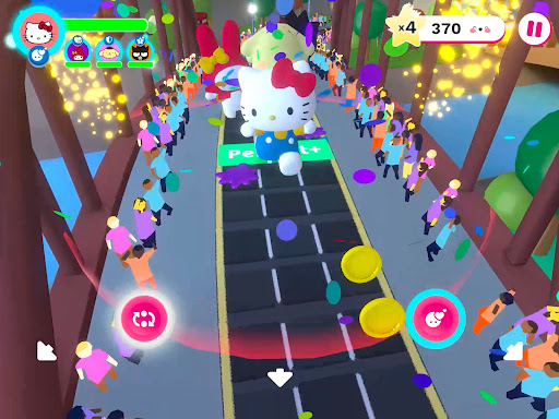 A vibrant and joyful parade led by Hello Kitty, featuring colorful graphics and happy characters.