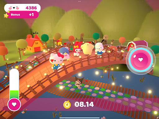 A vibrant and joyful parade led by Hello Kitty, featuring colorful graphics and happy characters.