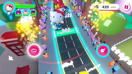 A vibrant and joyful parade led by Hello Kitty, featuring colorful graphics and happy characters.