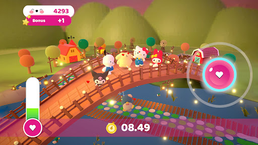 A vibrant and joyful parade led by Hello Kitty, featuring colorful graphics and happy characters.