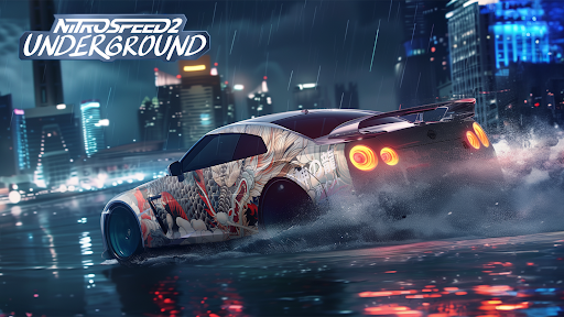 A thrilling car race in an underground track, capturing the essence of speed and adrenaline.