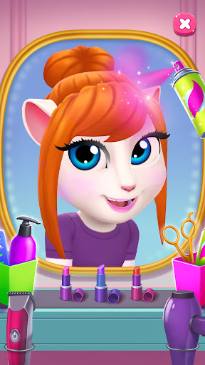 A joyful virtual cat named Angela, dressed in fashionable attire, ready to embark on exciting adventures in a vibrant, animated world.