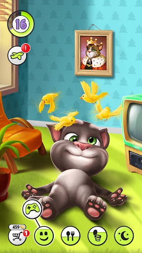 A joyful virtual pet experience with My Talking Tom, a cute animated cat eager for playful interaction and care.