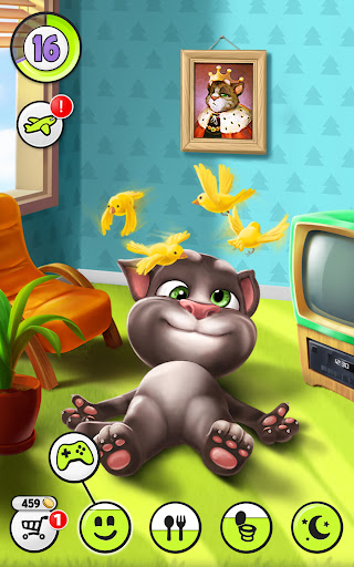 A joyful virtual pet experience with My Talking Tom, a cute animated cat eager for playful interaction and care.