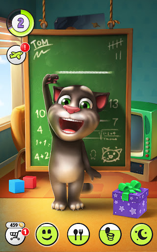 A joyful virtual pet experience with My Talking Tom, a cute animated cat eager for playful interaction and care.