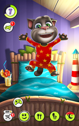 A joyful virtual pet experience with My Talking Tom, a cute animated cat eager for playful interaction and care.