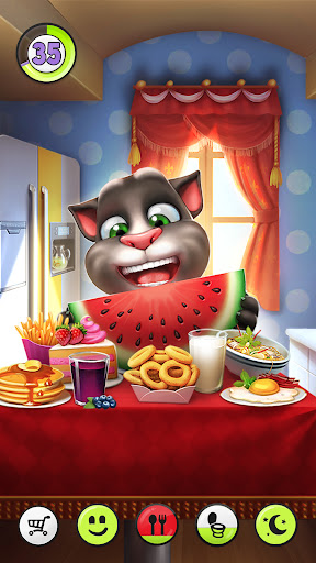 A joyful virtual pet experience with My Talking Tom, a cute animated cat eager for playful interaction and care.