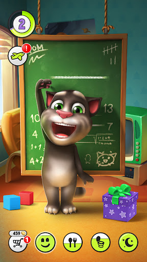 A joyful virtual pet experience with My Talking Tom, a cute animated cat eager for playful interaction and care.