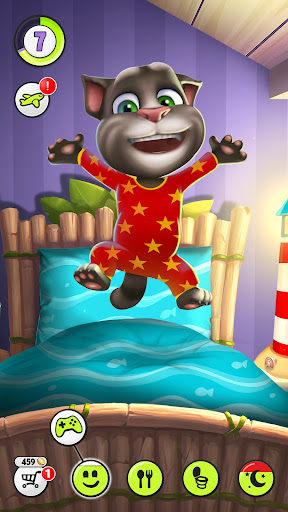 A joyful virtual pet experience with My Talking Tom, a cute animated cat eager for playful interaction and care.