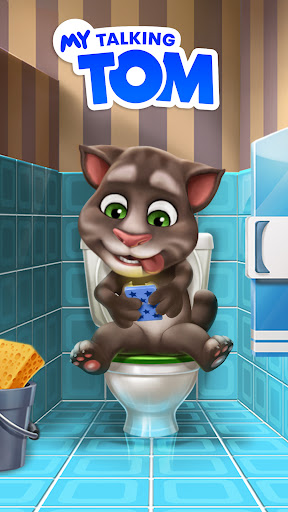 A joyful virtual pet experience with My Talking Tom, a cute animated cat eager for playful interaction and care.