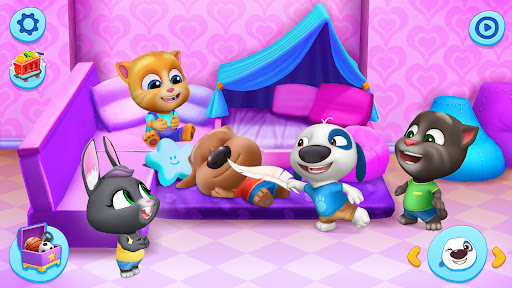 A group of vibrant virtual pets engaging in playful activities, radiating joy and companionship.