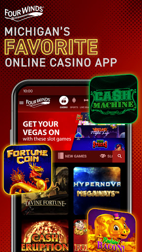 A thrilling casino atmosphere filled with excitement and opportunity, inviting users to explore the world of online gaming with the Four Winds Casino Michigan App.