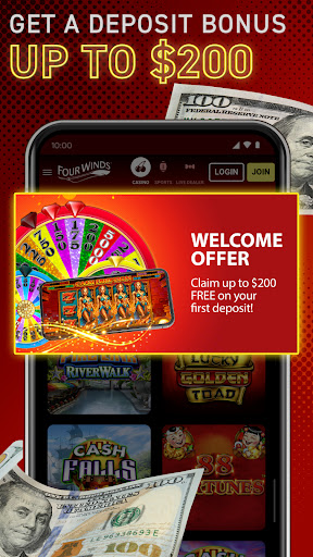 A thrilling casino atmosphere filled with excitement and opportunity, inviting users to explore the world of online gaming with the Four Winds Casino Michigan App.