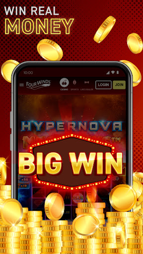 A thrilling casino atmosphere filled with excitement and opportunity, inviting users to explore the world of online gaming with the Four Winds Casino Michigan App.