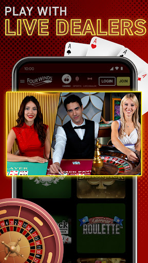 A thrilling casino atmosphere filled with excitement and opportunity, inviting users to explore the world of online gaming with the Four Winds Casino Michigan App.