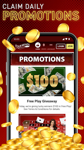 A thrilling casino atmosphere filled with excitement and opportunity, inviting users to explore the world of online gaming with the Four Winds Casino Michigan App.